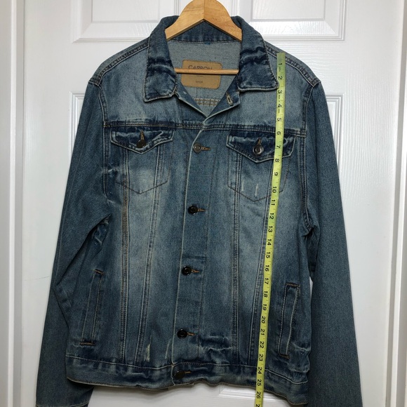 Carbon 70829 Denim Blue Yellowish Wash Distressed Buttoned Trucker Jean Jacket L - Picture 15 of 16